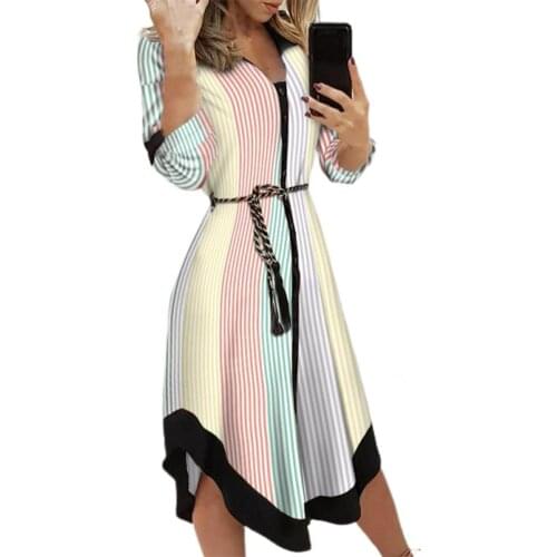 Spring Summer Lady Cover Up Womens Shirt Midi Dress Long Sleeve V-neck Cloth Summer Turn-down Collar Dress for Party Plus Size