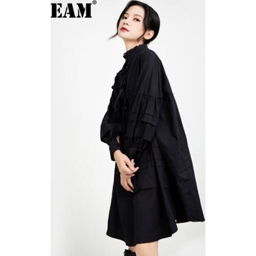 [EAM] Women White Ruffles Split Joint Big Size Dress New Stand Collar Long Sleeve Loose Fit Fashion Spring Autumn 2021 1B891
