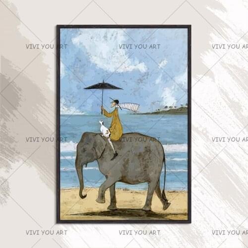 100% Handmade Canvas Oil Painting "Riding An Elephant On The Beach " Impressionst Picture Wall Art Painted By Technical Artist