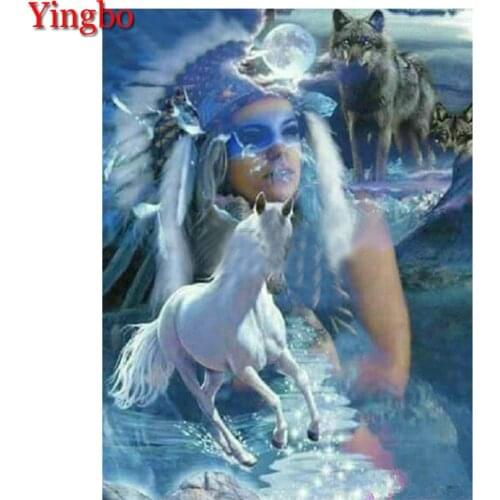 Diy diamond painting indian woman diamond embroidery horse and wolf full rhinestone icons diamond art 5d square/round stone gift