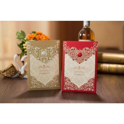 Free Shipping 50PCS/LOT Gold/ Red Color Hot Stamping Invitation Card With Red Envelope