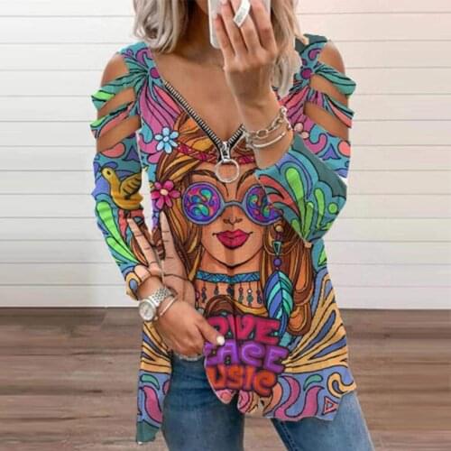 Fashion Hollow Out Women Blouses 2021 Summer Elegant Print V-Neck Zipper Pullover Tops Shirts Ladies Casual Plus Size Blusa
