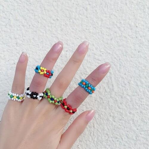 Bohemian Fashion Trendy Handmade Multi Color Small Flowers Rice Beads Ring For Women Girls Jewelry Elastic Beaded Rings Gift