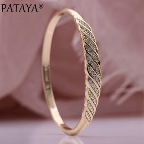 PATAYA New Arrivals Hollow Flower Bangles Women Fine Bangle 585 Rose Gold Natural Zircon White Party Unique Leaf Fashion Jewelry