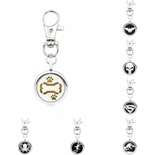 Dog bone shark dinosaur Key Chain essential oil perfume Diffuser locket 25mm with Lobster clasp 5Pads key ring fit pet collar