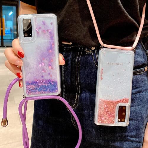 Sequins Quicksand Hanging Rope Crossbody Case for Samsung Note 5 8 9 10 20 Plus 20 Ultra Shining Dynamic Liquid Glitter Cover