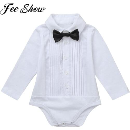 Newborn Baby Boys Shirts Romper Bowtie Long Sleeve Ruffled Bodysuit Jumpsuit Infants Clothes Gentleman Tuxedo Babys Rompers