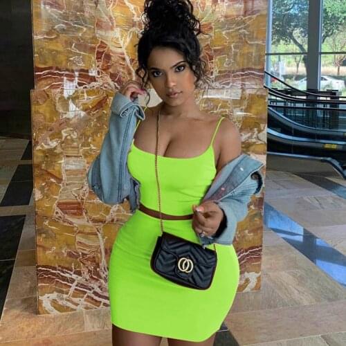 Sexy Women Two Piece Sets Summer Spaghetti Strap Camis Crop Top Higt Waist Mini Skirt Fashion Neon Green Orange Solid Party Sets