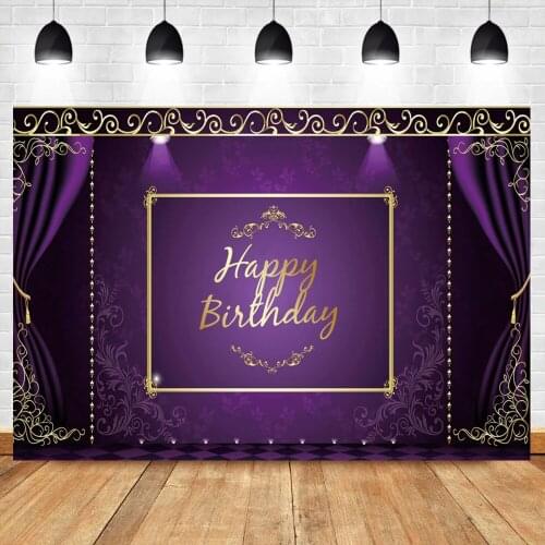 Laeacco Happy Birthday Purple Golden Stage Curtain Party Poster Customized Baby Portrait Photo Backdrop Photographic Background
