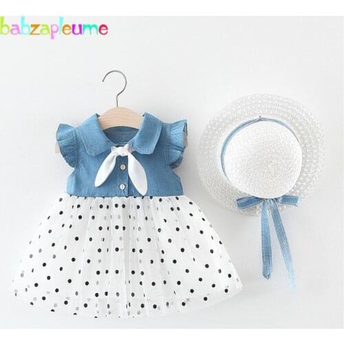 2Piece Summer Outfit Korean Baby Girls Dresses Lace Cute Dot Denim Sleeveless Bow Infant Princess Dress Newborn Clothes BC1880-1