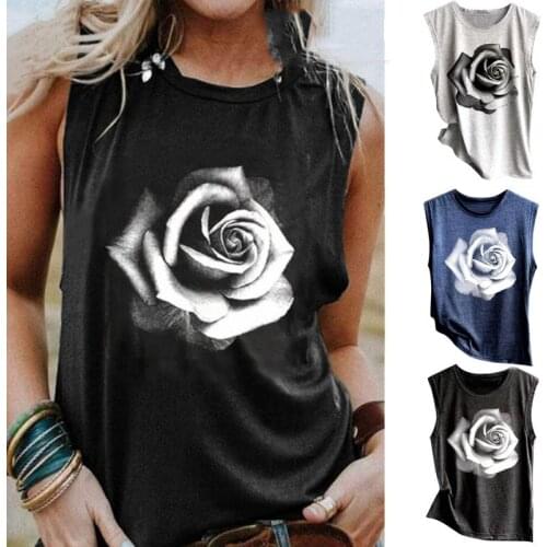 Sleeveless Tank Shirt Womens Summer Casual Rose Printed Off Shoulder Tshirt Round Neck Cotton Beach Vest Clothes Ropa De Mujer