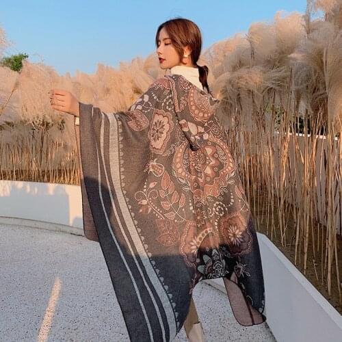 Blanket Fashion Neckline Big Flower Scarf Female Korean Lengthened Thickened Dual-use Shawl Warm Cloak Tide Hooded Poncho Cape