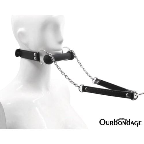 Ourbondage Silicone Dog Bone Mouth Gag Oral Fixation PU Leather Strap Leather Metal Chains Leash Restraints Sex Toys for Couples