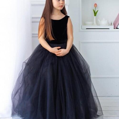 Black Flower Girls Dress Jewel Sleeveless Velvet Tulle Beautiful Kids Formal Wear Backless Floor Length Girls Pageant Birthday G