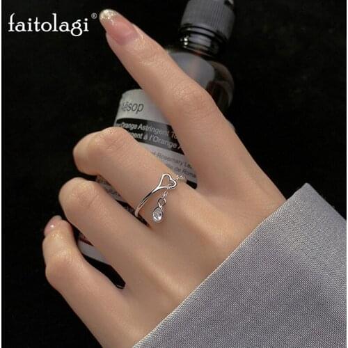 Simple Hollow Heart Tassel Adjustable Rings Chain Bead Crystal Pendant Ring Silver Color Geometric Rings Women Finger Jewelry