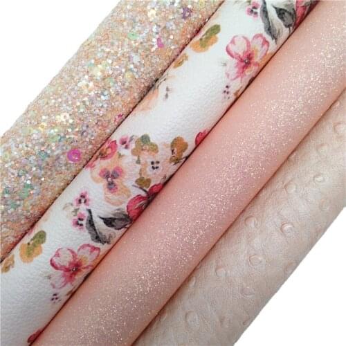 Pink Glitter Leather with Sequins Flowers Printed Faux leather Ostrich Synthetic Leather Sheets For Bow Twinkling Ming XM947