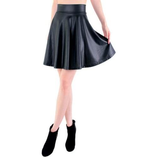 Free Shipping New High Waist Faux Leather Skater Flare Casual Mini Knee Length Solid Color Black Skirt S/M/L/XL