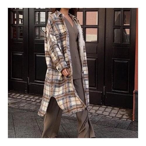 Women Wool Blend Contrast Long Style Jacket Coat - Ladies Casual Gingham Checkered Outerwear Top