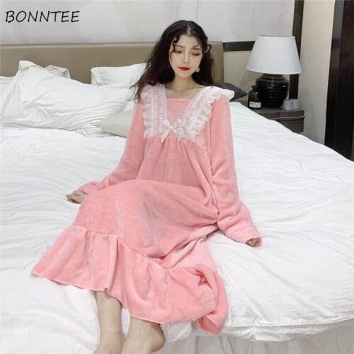 Women Nightgowns Sleepshirts Flannel Thicken Patchwork Sweet BF Lovely Warm Soft Home Wear Females Popular Trendy New Midi Daily