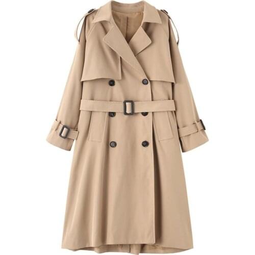 Large Size Autumn Winter Elegant Women Double Breasted Solid Trench Coat Vintage Turn-down Collar Loose Trench With Belt Black