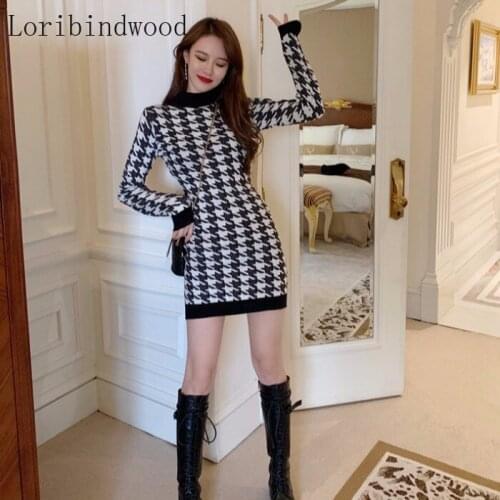 Womens dress 2020 autumn and winter new houndstooth sweater series womens 2020 new net celebrity fashion knitted dress
