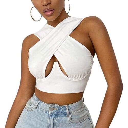 066C Women Sexy Criss Cross Halter Tank Crop Top Ruched Bandage Cutout Front Corset Cami Vest Solid Color Casual Slim Bustier
