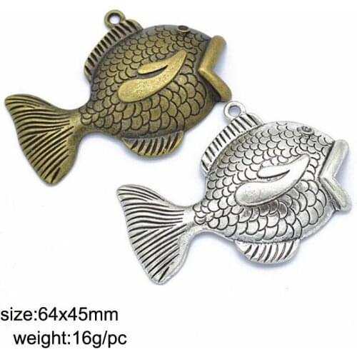 10pcs 64x45mm Antique Bronze/ Antique Silver Alloy Fish Charm Pendant Fit Bracelets Necklace DIY Jewelry Making