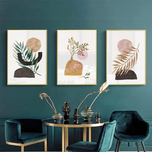 Abstract Geometric Botanical Watercolor Leaves Poster and Print Mid Century Wall Art Picture Modern for Living Room Home Decor