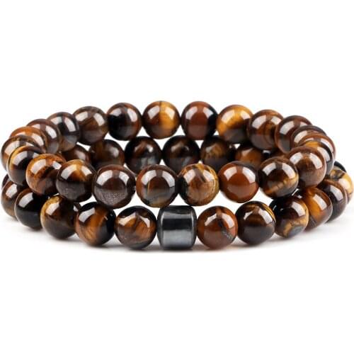 8mm Men Natural Rock Stone Bracelet Couples Hematite Cylinder Black Lava Tiger Eye Beads Bracelets Women Energy Strand Jewellery