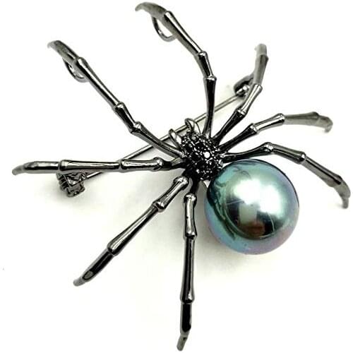 Victorian Style Black Mother of Pearl Spider Brooches Black Tone Micro Pave CZ Head Halloween Spider Pins Costume Insect Jewelry