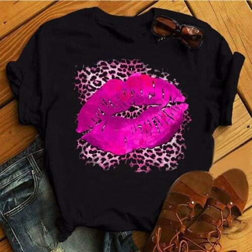 Pink Leopard Lips Print T Shirt Women Fashion T Shirt Black T-shirt Casual Tops Ladies Harajuku Cute Graphic Tee Shirts Clothing