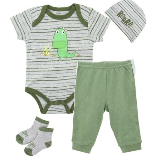 KAVKAS Kids Clothes Set 0-2 Years Summer Short Sleeve Cotton Outwear Bodysuit+Pants+Hat+Socks Newborn Clothing