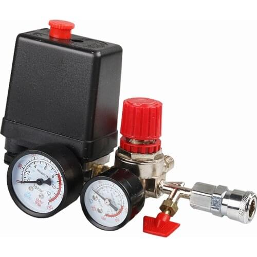 240V Air Compressor Pump Pressure Switch Manifold Regulator Air Pump Control Valve 120 PSI with Gauges Quick Connector