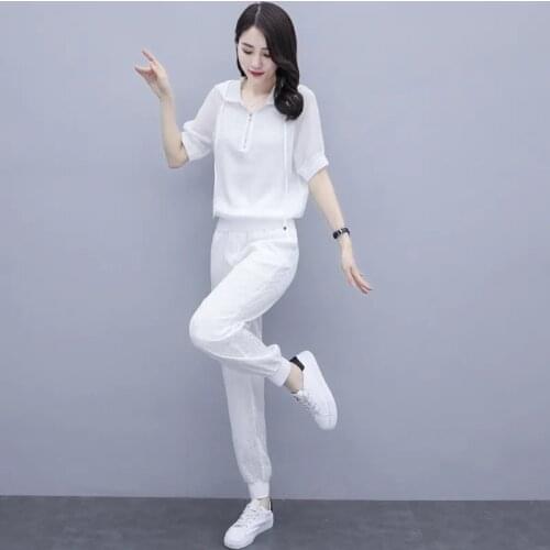 Women Hooded T-Shirt And Sports Pant Sets Female 2021 Summer New Korean Fashion Temperament Thin Two Piece Suit Elegant White