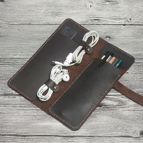 Multifunction genuine leather pen bag pencil bag stationery organizer with cable & earphone loop large capacity gift 1125