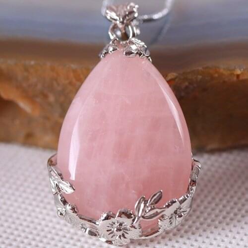 Free Shipping Fashion Jewelry 27x36MM Water Drop Bead Natural Stone Bead Pink Crystal Pendant 1Pcs with Chain 18inches K327