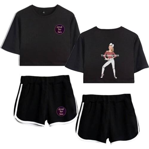 Fashion Summer JOJO SIWA Exposed Navel Black T-shirt+shorts womens two-piece sets Hot Cotton Casual girls two-piece suits