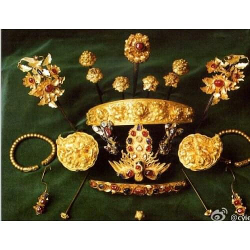 Imitate Earthed Ming Dynasty Bride Wedding Hair Accessory Set Gold Plated Miao Silver 17pcs Hair Accessories Set Phoneix Tiaras