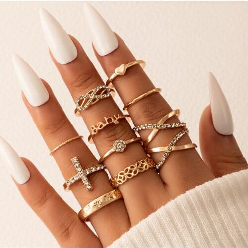 Tocona 10pcs/sets Letter Baby Heart Joint Ring Sets for Women Luxury Crystal Stone Geometric Alloy Metal Party Jewelry 15184