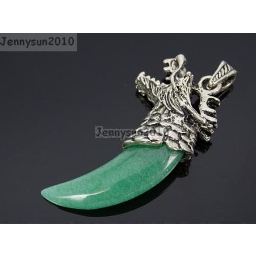 Natural Green Aventurine Gems stones Claw Paw Tibetan Silver Carved Dragon Head Pendant Beads for Jewelry Design 10Pcs/Pack