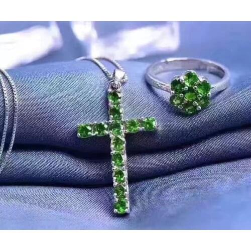 Natural green peridot gem jewelry sets natural olivine Pendant ring 925 silver Elegant Pray cross Flowers women party jewelry