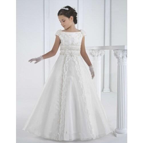 Stain Organza Flower Girl Dress Cap Sleeves A Line Lace First Communion Dresses For Girls Elegant Floor Length Birthday Dress