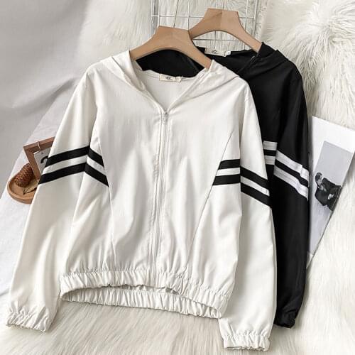 Striped Sports Zipper Hooded Jacket Womens 2021 Spring New Casual Top Short Coat Thin
