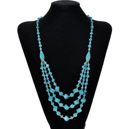 Silver Plated Stackable Multi Layer Green Turquoises Stone Geometric Pendant Long Beads Chain Necklace Fashion Jewelry