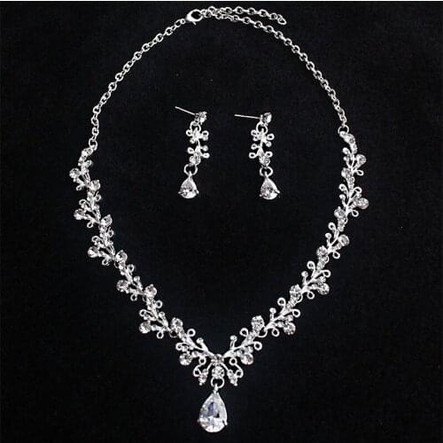 Luxury Silver Color Teardrop Zircon Crystal Leaf Irregular Bride Necklace Earrings Set Wedding Bridal Jewelry Sets for Women SL