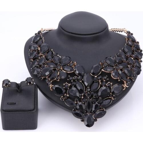 Luxury Wedding Bridal Accessories Statement Jewelry Sets For Women Black Rhinestones Crystal Necklace Earrings Holiday Party Set