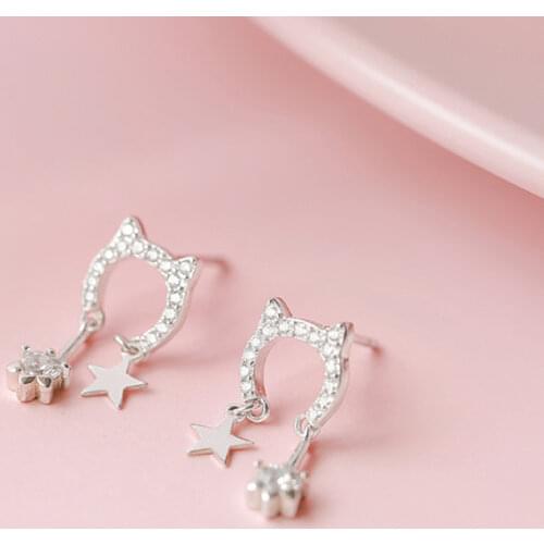 VOQ 925 Sterling Silver Cute Cat Star Earrings Temperament Simple Zircon Earrings Jewelry Ladies Accessories Gifts