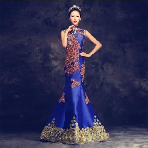 Blue Luxury Embroidery Chinese Evening Dress Long Cheongsam Bride Wedding Qipao Mermaid Dresses Oriental Style Qi Pao Robe Rouge