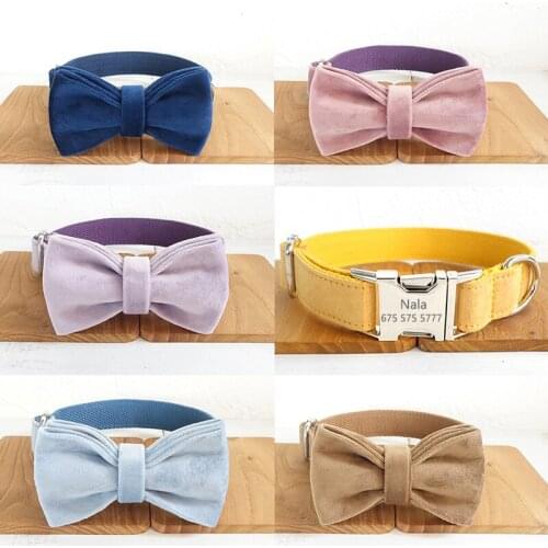 Dog Collar with Bow Tie Velvet Adjustable Pet Collar Custom Name Engraved Puppy Nameplate ID Collars for Small Medium Large Dogs