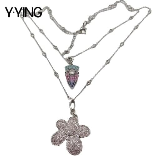 Y·YING Cubic Zirconia Pave Flower Arrowhead white gold color plated Chain statement Necklace 17''-21" for women